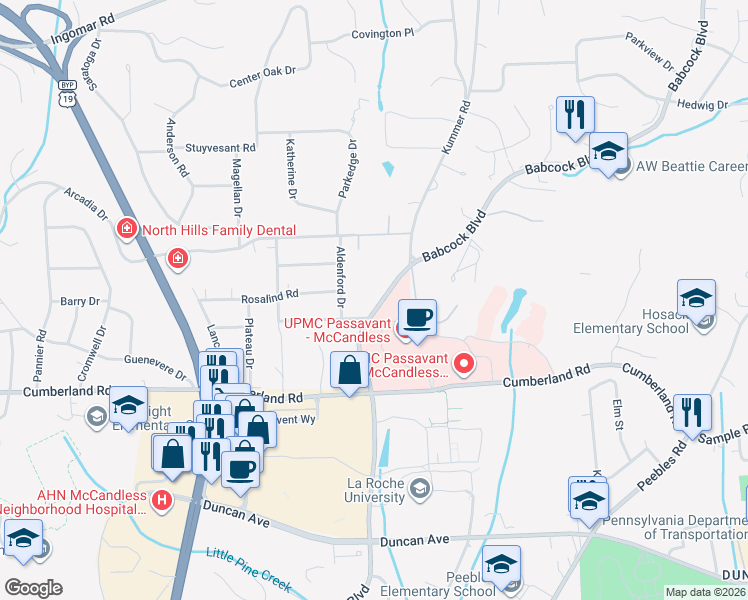 map of restaurants, bars, coffee shops, grocery stores, and more near 9221 Babcock Boulevard in McCandless