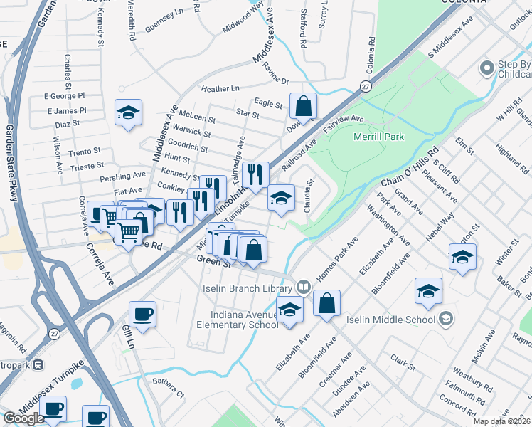 map of restaurants, bars, coffee shops, grocery stores, and more near 103 Cherry Street in Woodbridge Township