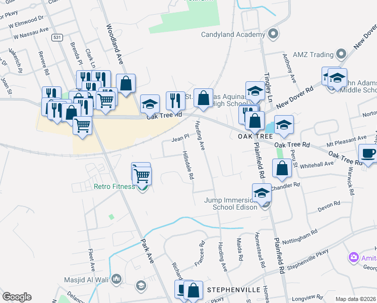 map of restaurants, bars, coffee shops, grocery stores, and more near 14 Hillsdale Road in Edison