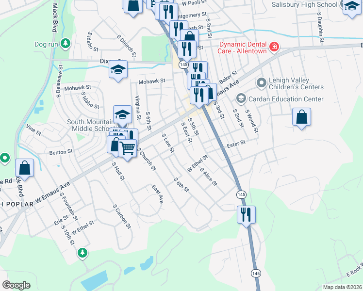 map of restaurants, bars, coffee shops, grocery stores, and more near 532 West Euclid Street in Allentown