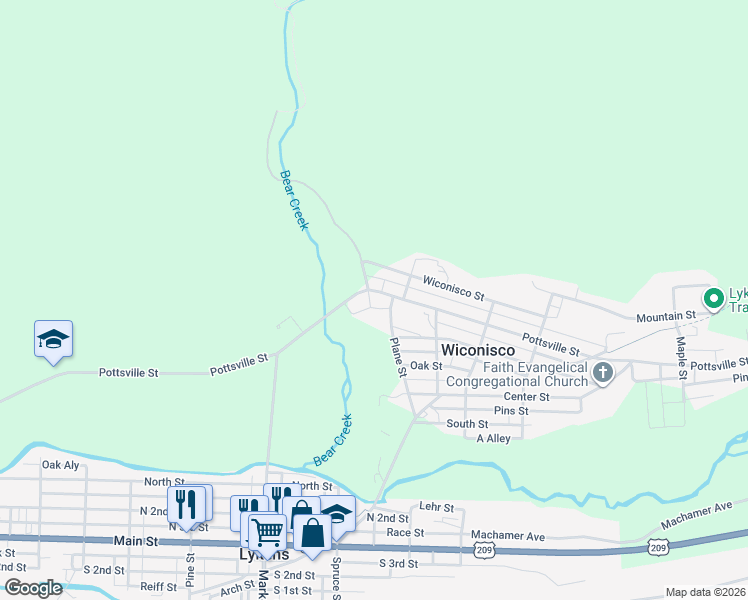 map of restaurants, bars, coffee shops, grocery stores, and more near 173 Pottsville Street in Lykens