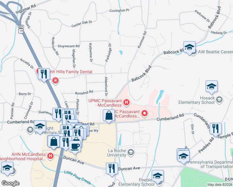 map of restaurants, bars, coffee shops, grocery stores, and more near 9221 Babcock Boulevard in McCandless