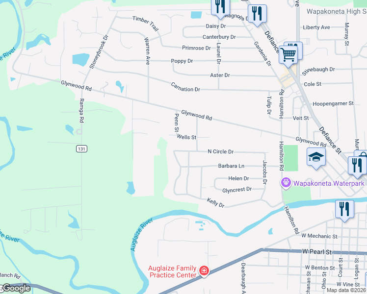 map of restaurants, bars, coffee shops, grocery stores, and more near 904 North Circle Drive in Wapakoneta