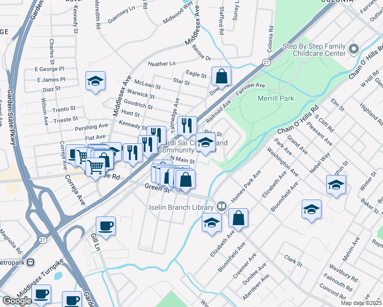 map of restaurants, bars, coffee shops, grocery stores, and more near 103 Cherry Street in Woodbridge Township