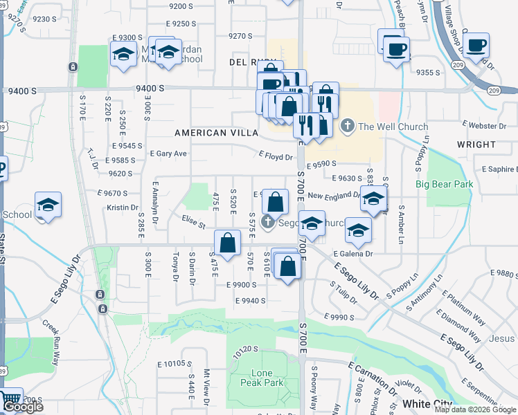 map of restaurants, bars, coffee shops, grocery stores, and more near 9701 South 575 East in Sandy