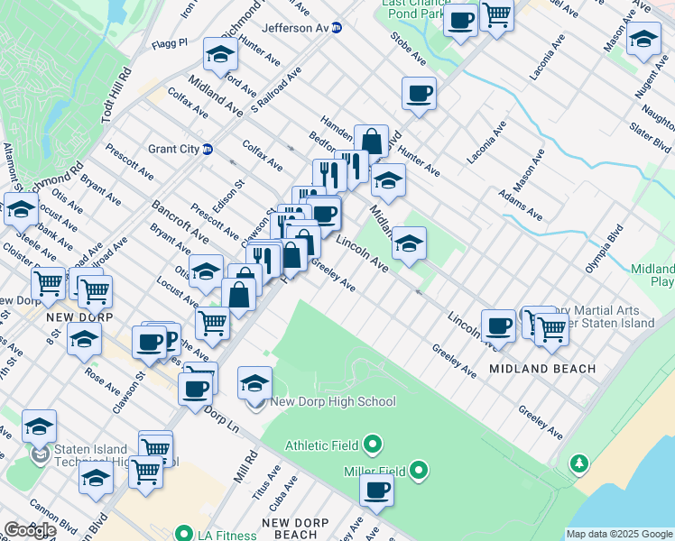 map of restaurants, bars, coffee shops, grocery stores, and more near 351 Greeley Avenue in Staten Island