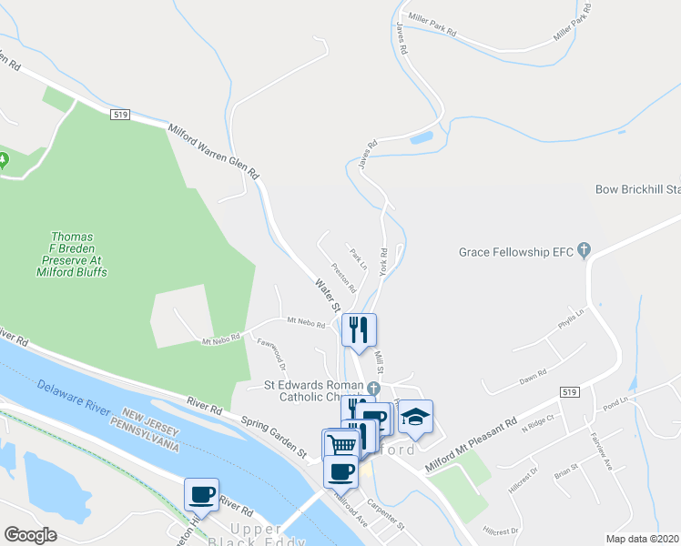 map of restaurants, bars, coffee shops, grocery stores, and more near 149 Preston Road in Milford