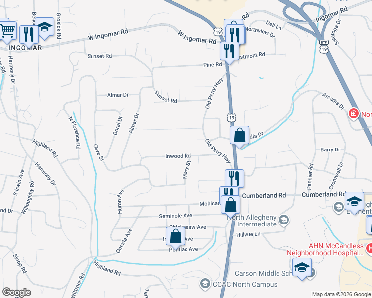 map of restaurants, bars, coffee shops, grocery stores, and more near 300 Inwood Rd in Pittsburgh