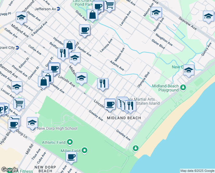 map of restaurants, bars, coffee shops, grocery stores, and more near 167 Kiswick Street in Staten Island
