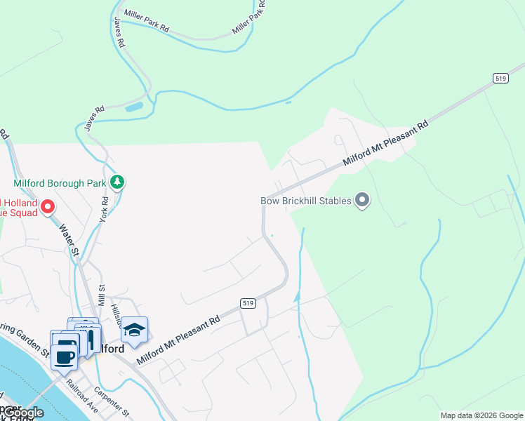 map of restaurants, bars, coffee shops, grocery stores, and more near 377 Milford Mount Pleasant Road in Milford