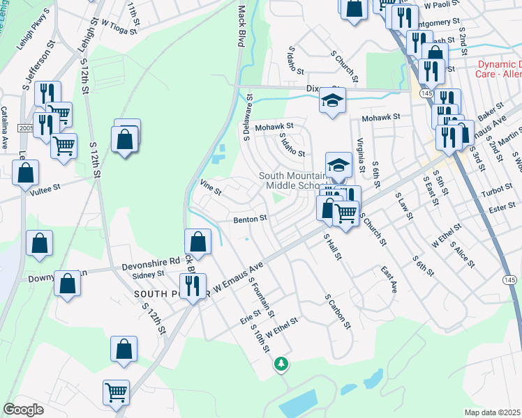 map of restaurants, bars, coffee shops, grocery stores, and more near 2106 South Lumber Street in Allentown