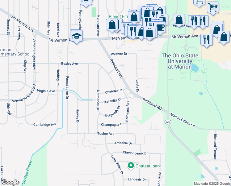map of restaurants, bars, coffee shops, grocery stores, and more near 1035 Chateau Drive in Marion