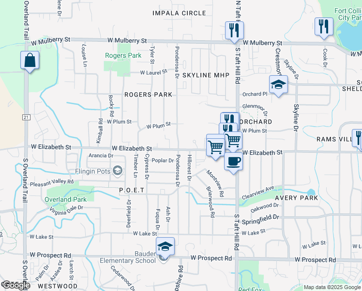 map of restaurants, bars, coffee shops, grocery stores, and more near 928 Ponderosa Drive in Fort Collins