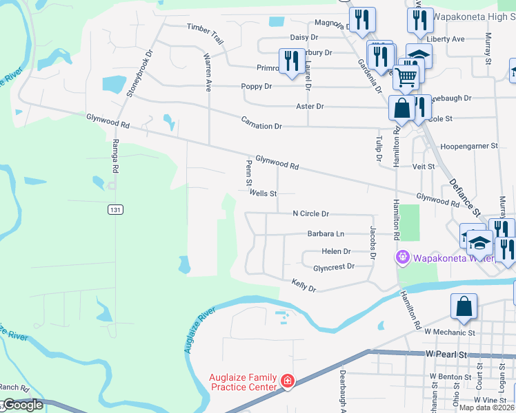 map of restaurants, bars, coffee shops, grocery stores, and more near 904 North Circle Drive in Wapakoneta