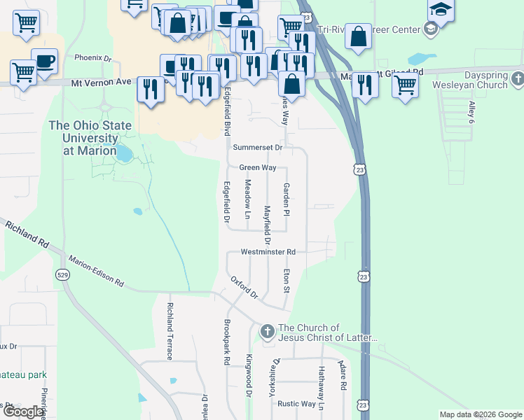 map of restaurants, bars, coffee shops, grocery stores, and more near 529 Mayfield Drive in Marion