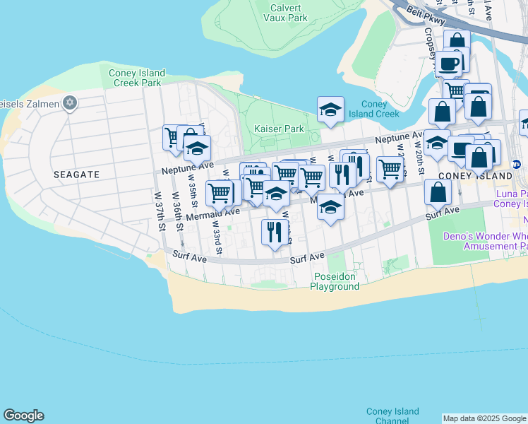 map of restaurants, bars, coffee shops, grocery stores, and more near 3004 Mermaid Avenue in Brooklyn