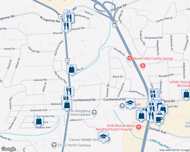map of restaurants, bars, coffee shops, grocery stores, and more near 9245 Darrell Drive in Pittsburgh