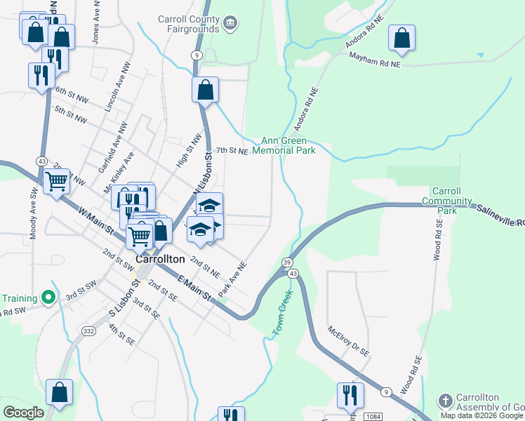 map of restaurants, bars, coffee shops, grocery stores, and more near 293 4th St NE in Carrollton
