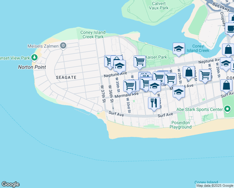 map of restaurants, bars, coffee shops, grocery stores, and more near 3505 Mermaid Avenue in Brooklyn
