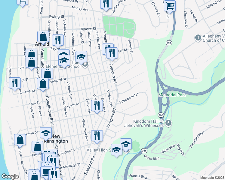 map of restaurants, bars, coffee shops, grocery stores, and more near 917 North Street in New Kensington