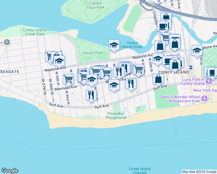 map of restaurants, bars, coffee shops, grocery stores, and more near 2925 West 27th Street in Brooklyn