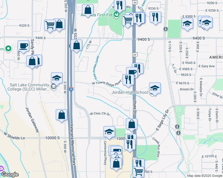 map of restaurants, bars, coffee shops, grocery stores, and more near 115 West Towne Ridge Parkway in Sandy