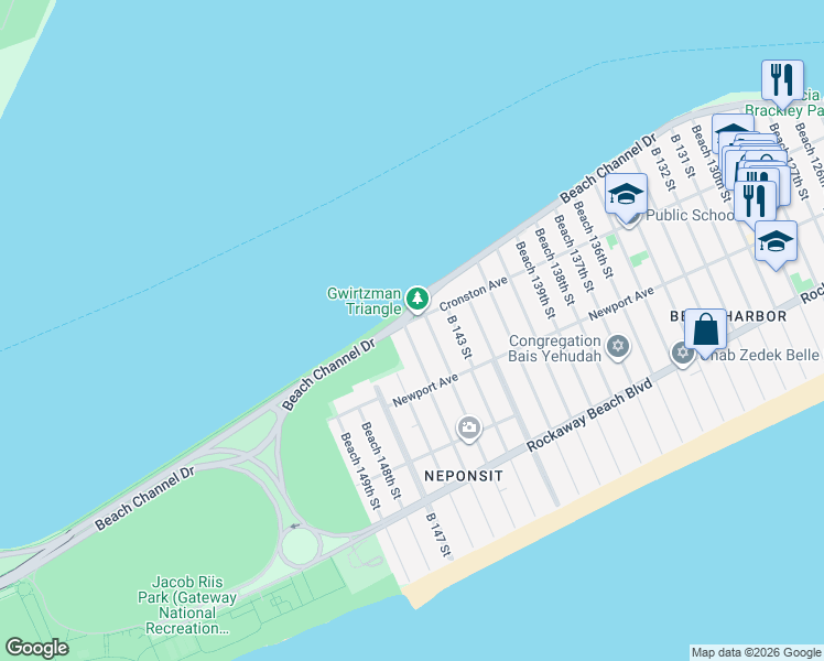 map of restaurants, bars, coffee shops, grocery stores, and more near 4-64 Beach 145th Street in Queens
