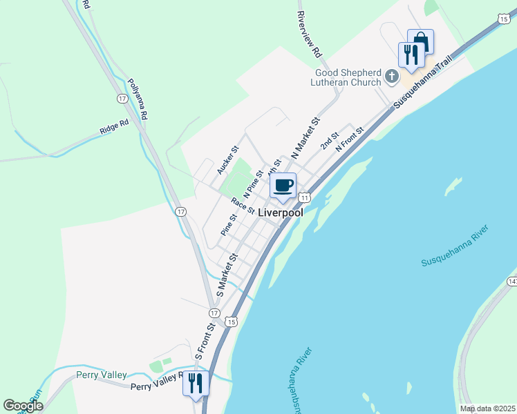 map of restaurants, bars, coffee shops, grocery stores, and more near 104 North Market Street in Liverpool