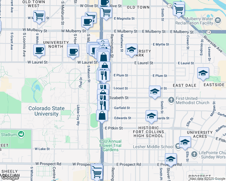 map of restaurants, bars, coffee shops, grocery stores, and more near 904 Remington Street in Fort Collins