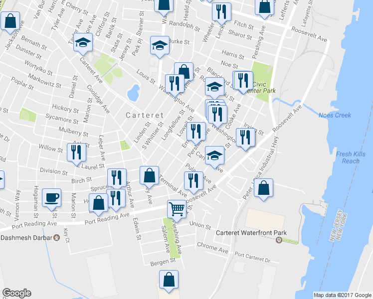 map of restaurants, bars, coffee shops, grocery stores, and more near 67 Carteret Avenue in Carteret