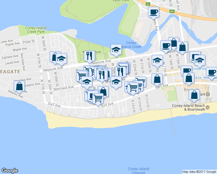 map of restaurants, bars, coffee shops, grocery stores, and more near 2927 West 27th Street in Brooklyn