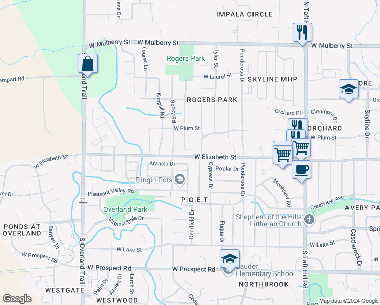 map of restaurants, bars, coffee shops, grocery stores, and more near 2620 West Elizabeth Street in Fort Collins