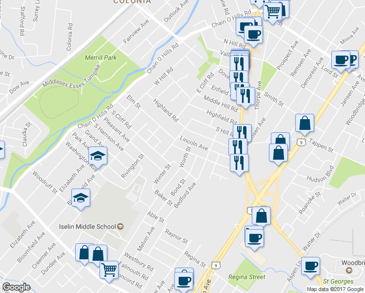 map of restaurants, bars, coffee shops, grocery stores, and more near 118 McKinley Avenue South in Woodbridge Township