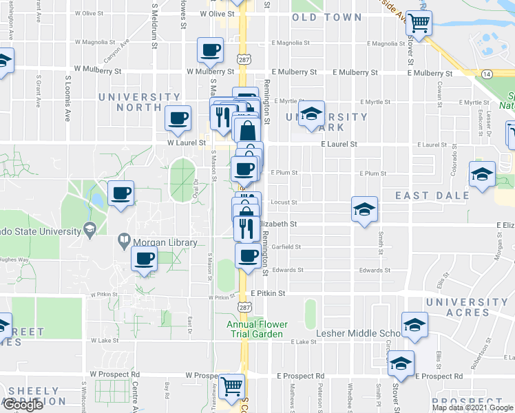 map of restaurants, bars, coffee shops, grocery stores, and more near 914 South College Avenue in Fort Collins