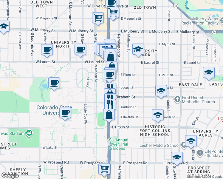 map of restaurants, bars, coffee shops, grocery stores, and more near 914 South College Avenue in Fort Collins