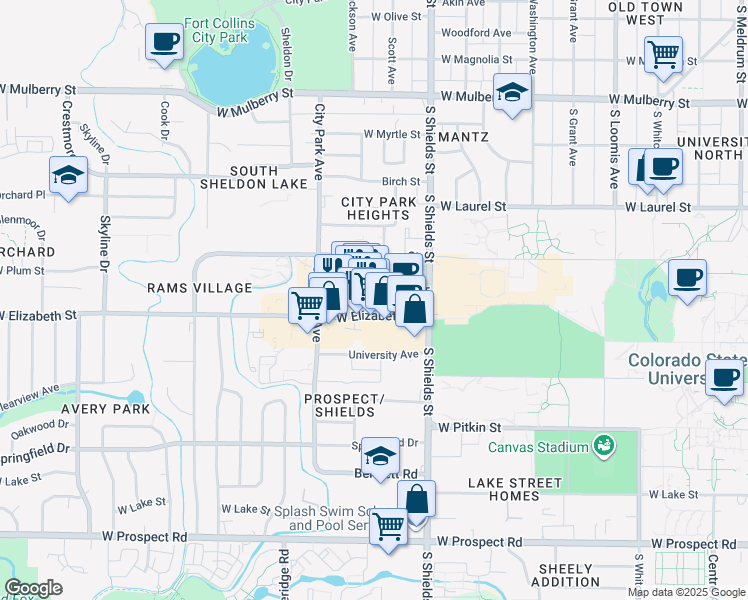 map of restaurants, bars, coffee shops, grocery stores, and more near 1240 West Elizabeth Street in Fort Collins