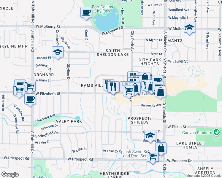 map of restaurants, bars, coffee shops, grocery stores, and more near 1508 West Elizabeth Street in Fort Collins