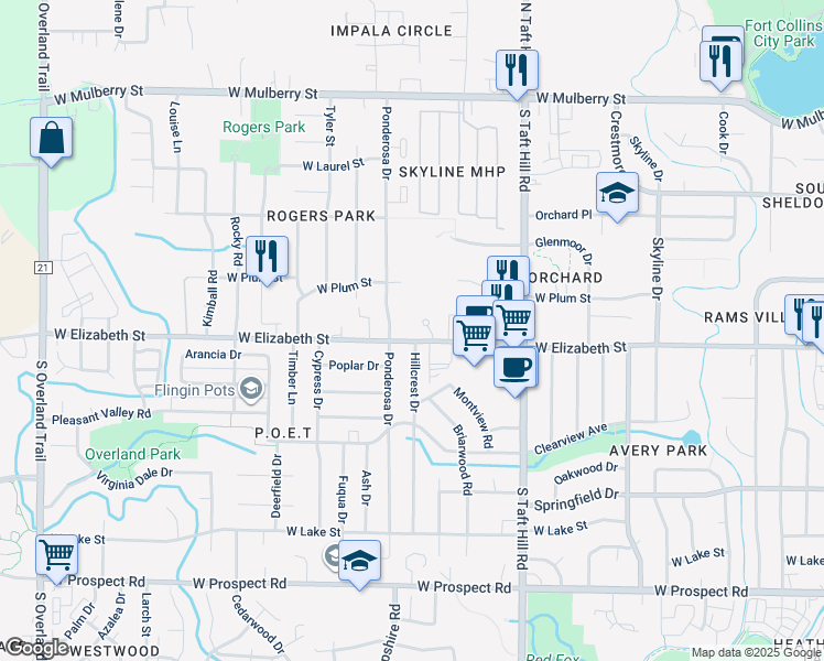 map of restaurants, bars, coffee shops, grocery stores, and more near 928 Ponderosa Drive in Fort Collins