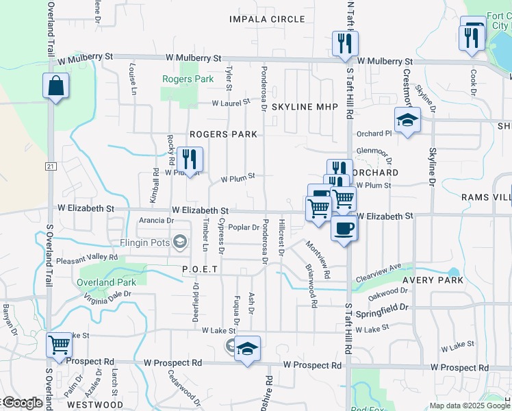 map of restaurants, bars, coffee shops, grocery stores, and more near 2450 West Elizabeth Street in Fort Collins