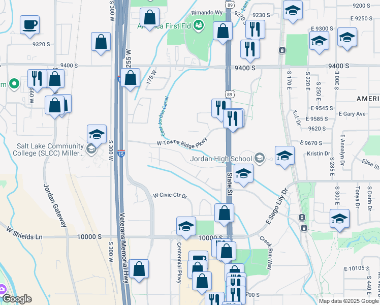 map of restaurants, bars, coffee shops, grocery stores, and more near 115 West Towne Ridge Parkway in Sandy