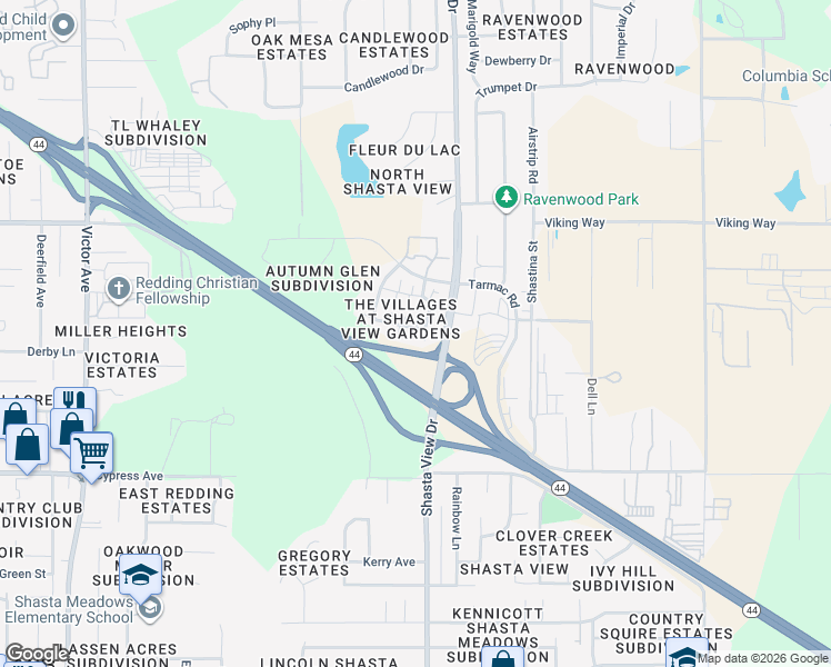 map of restaurants, bars, coffee shops, grocery stores, and more near 2341 Shining Star Way in Redding