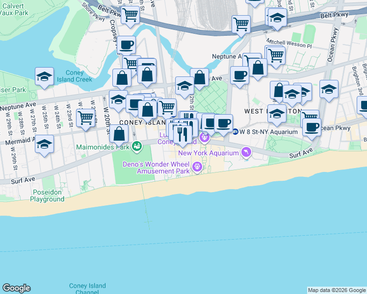 map of restaurants, bars, coffee shops, grocery stores, and more near 1228 Surf Avenue in Brooklyn
