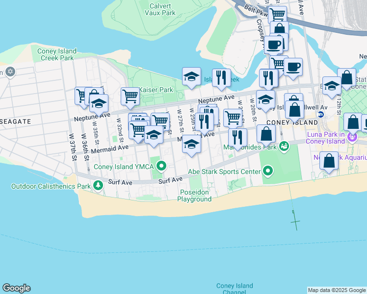 map of restaurants, bars, coffee shops, grocery stores, and more near 2925 West 27th Street in Brooklyn