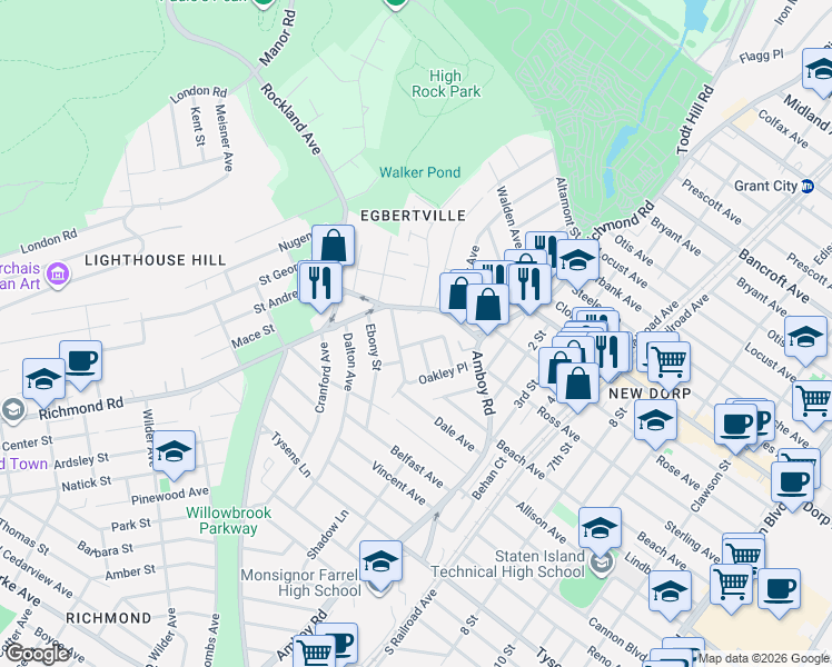 map of restaurants, bars, coffee shops, grocery stores, and more near 25 Grace Road in Staten Island