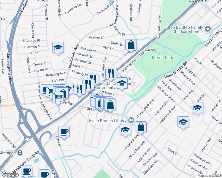 map of restaurants, bars, coffee shops, grocery stores, and more near 103 Cherry Street in Woodbridge Township