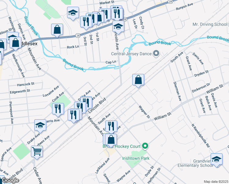 map of restaurants, bars, coffee shops, grocery stores, and more near 822 Lincoln Boulevard in Middlesex
