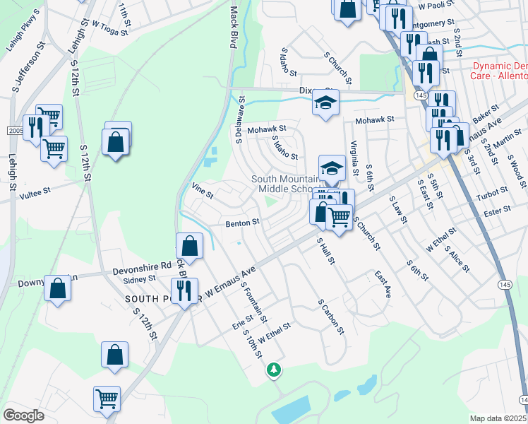 map of restaurants, bars, coffee shops, grocery stores, and more near 813 Benton Street in Allentown