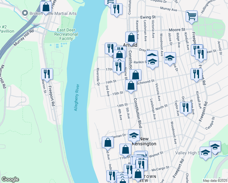 map of restaurants, bars, coffee shops, grocery stores, and more near 401 15th Street in New Kensington