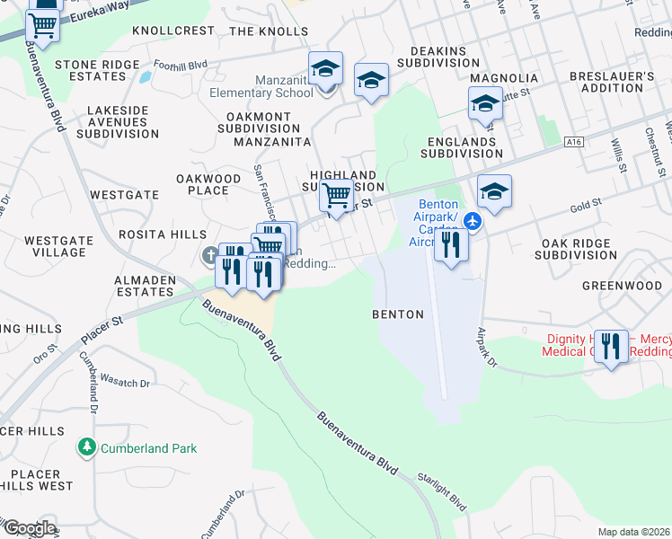 map of restaurants, bars, coffee shops, grocery stores, and more near 3025 South Street in Redding