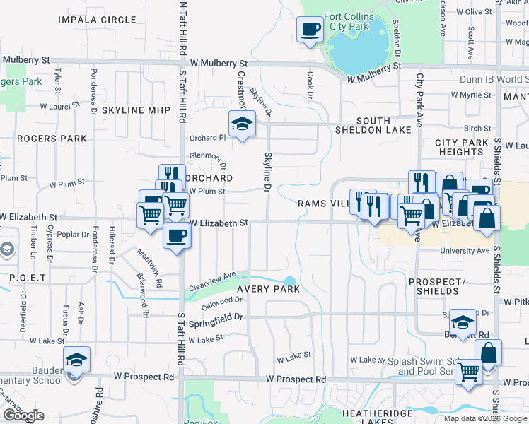 map of restaurants, bars, coffee shops, grocery stores, and more near in Fort Collins